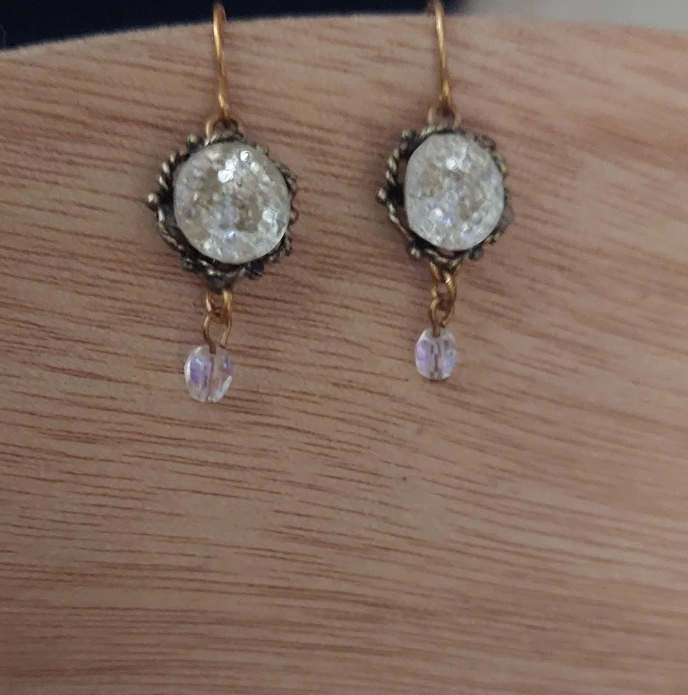 Crystal Cluster Dangle Aurora Borealis Beaded Brass Earrings